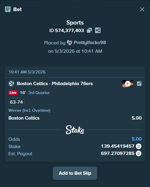 Bet slip: Boston Celtics - Philadelphia 76ers, $27,890.84 stake at 5.00 odds, placed by Prettylfacko98