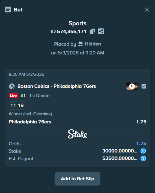 Bet slip: Boston Celtics - Philadelphia 76ers, $30,000.00 stake at 1.75 odds, placed by Hidden