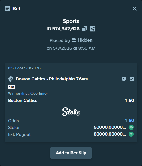 Bet slip: Boston Celtics - Philadelphia 76ers, $50,000.00 stake at 1.60 odds, placed by Hidden