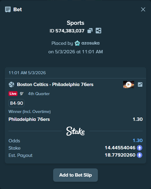 Bet slip: Boston Celtics - Philadelphia 76ers, $50,559.39 stake at 1.30 odds, placed by azosuka