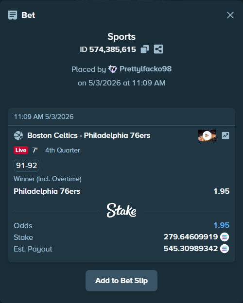 Bet slip: Boston Celtics - Philadelphia 76ers, $55,929.22 stake at 1.95 odds, placed by Prettylfacko98