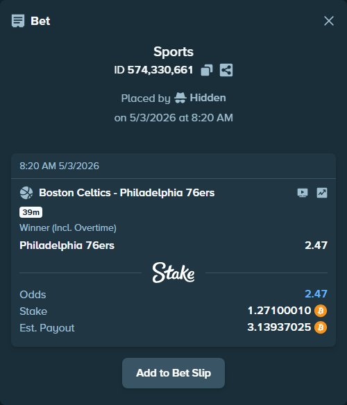 Bet slip: Boston Celtics - Philadelphia 76ers, $88,970.01 stake at 2.47 odds, placed by Hidden