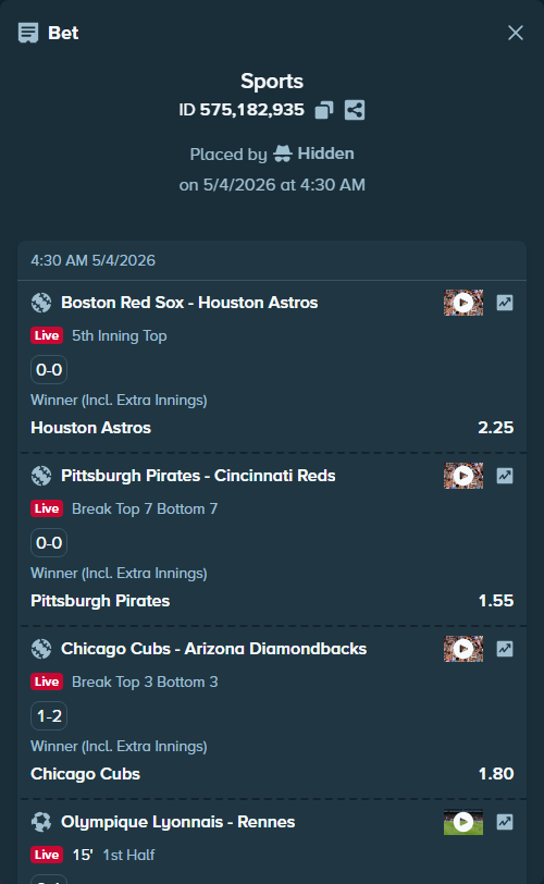 Bet slip: Boston Red Sox - Houston Astros, $14,487.96 stake at 2.25 odds, placed by Hidden