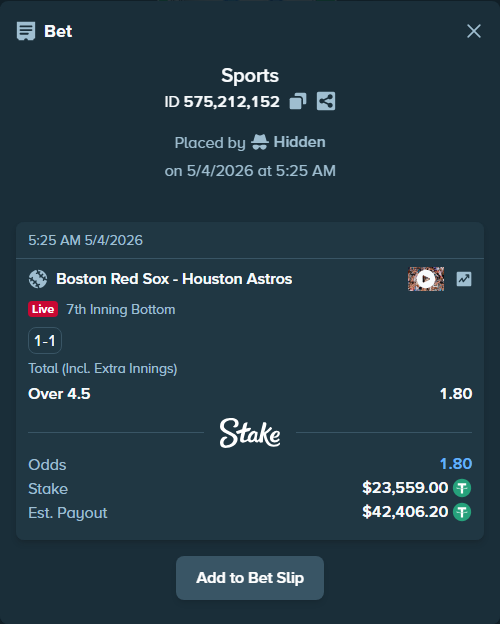 Bet slip: Boston Red Sox - Houston Astros, $23,559.00 stake at 1.80 odds, placed by Hidden