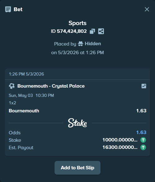 Bet slip: Bournemouth - Crystal Palace, $10,000.00 stake at 1.63 odds, placed by Hidden