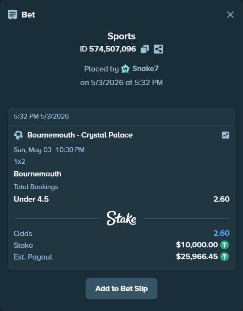 Bet slip: Bournemouth - Crystal Palace, $10,000.00 stake at 1.65 odds, placed by Snake7