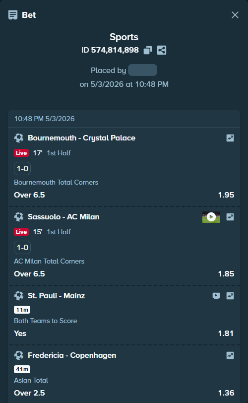 Bet slip: Bournemouth - Crystal Palace, $11,492.00 stake at 1.95 odds, placed by Kaidou827