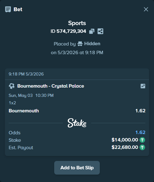 Bet slip: Bournemouth - Crystal Palace, $14,000.00 stake at 1.62 odds, placed by Hidden