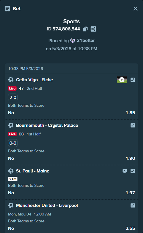 Bet slip: Bournemouth - Crystal Palace, $15,600.00 stake at 1.90 odds, placed by 21better