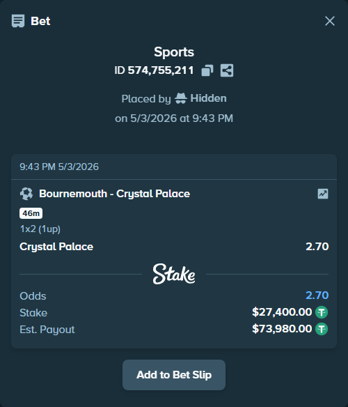 Bet slip: Bournemouth - Crystal Palace, $27,400.00 stake at 2.70 odds, placed by Hidden