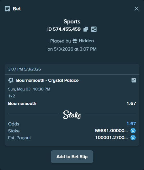 Bet slip: Bournemouth - Crystal Palace, $59,881.00 stake at 1.67 odds, placed by Hidden