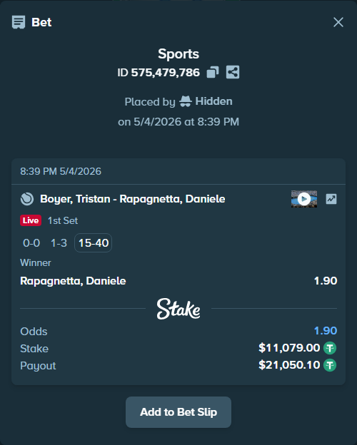 Bet slip: Boyer, Tristan - Rapagnetta, Daniele, $11,079.00 stake at 1.90 odds, placed by Hidden