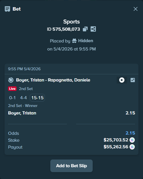 Bet slip: Boyer, Tristan - Rapagnetta, Daniele, $61,277.18 stake at 2.15 odds, placed by Prettylfacko98