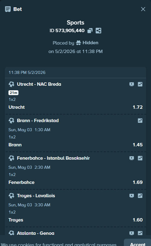 Bet slip: Brann - Fredrikstad, $31,500.00 stake at 1.45 odds, placed by Hidden