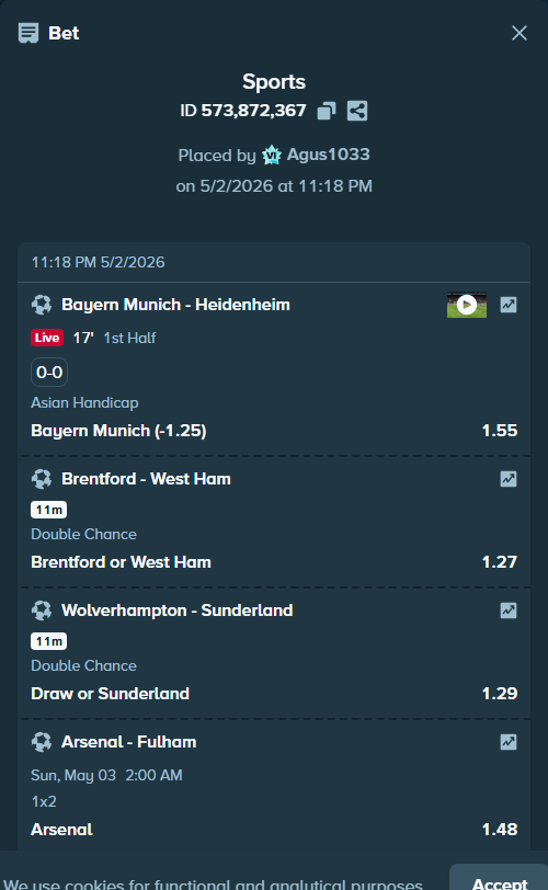 Bet slip: Brentford - West Ham, $11,000.00 stake at 1.27 odds, placed by Agus1033