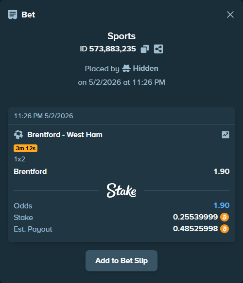 Bet slip: Brentford - West Ham, $17,878.00 stake at 1.90 odds, placed by Hidden