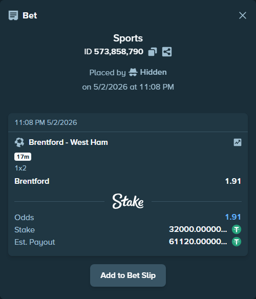 Bet slip: Brentford - West Ham, $32,000.00 stake at 1.91 odds, placed by Hidden