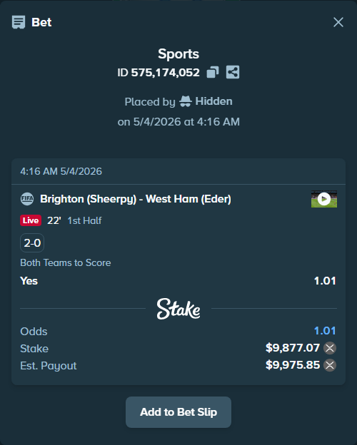 Bet slip: Brighton (Sheerpy) - West Ham (Eder), $17,709.60 stake at 1.01 odds, placed by Hidden