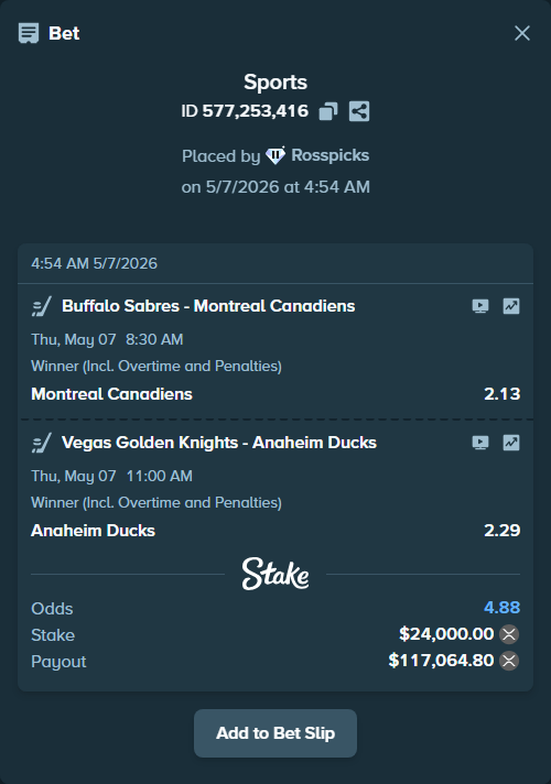 Bet slip: Buffalo Sabres - Montreal Canadiens, $42,132.00 stake at 2.13 odds, placed by Rosspicks