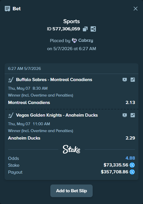 Bet slip: Buffalo Sabres - Montreal Canadiens, $73,335.56 stake at 2.13 odds, placed by Cabrzy
