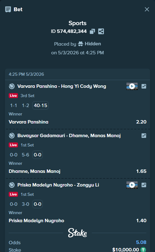 Bet slip: Buvaysar Gadamauri - Dhamne, Manas, $10,000.00 stake at 1.65 odds, placed by Hidden