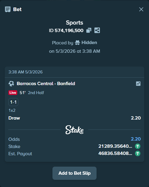 Bet slip: CA Barracas Central - Banfield, $21,289.36 stake at 2.20 odds, placed by Hidden