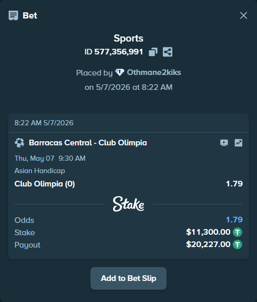 Bet slip: CA Barracas Central - Club Olimpia, $11,300.00 stake at 1.79 odds, placed by Othmane2kiks