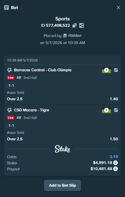 Bet slip: CA Barracas Central - Club Olimpia, $11,300.04 stake at 1.40 odds, placed by Hidden