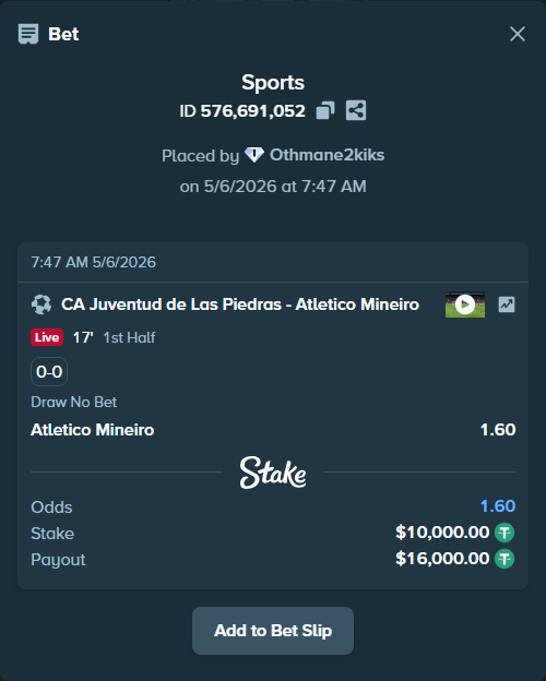 Bet slip: CA Juventud de Las Piedras - Atletico Mineiro, $10,000.00 stake at 1.60 odds, placed by Othmane2kiks