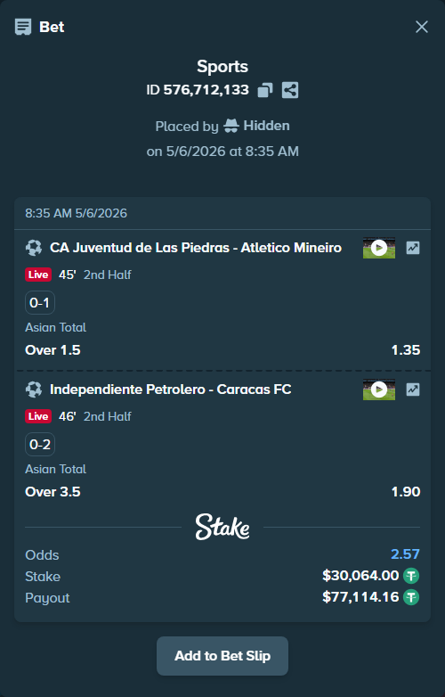 Bet slip: CA Juventud de Las Piedras - Atletico Mineiro, $30,064.00 stake at 1.35 odds, placed by Hidden
