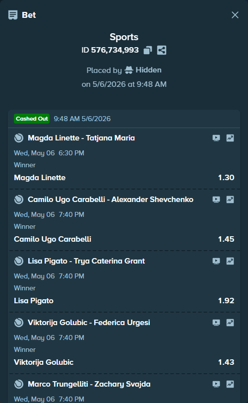 Bet slip: Camilo Ugo Carabelli - Alexander Shevchenko, $10,000.00 stake at 1.45 odds, placed by Hidden