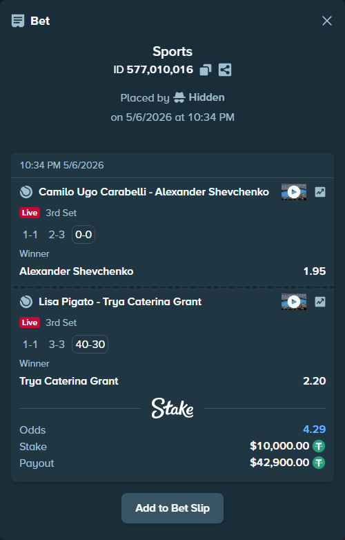 Bet slip: Camilo Ugo Carabelli - Alexander Shevchenko, $10,000.00 stake at 1.95 odds, placed by Hidden