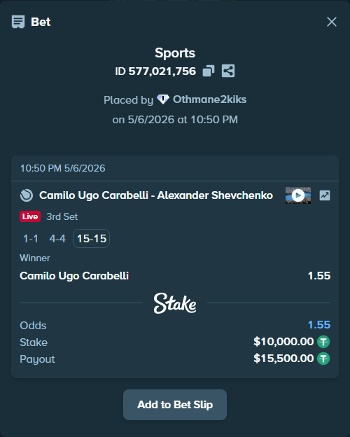 Bet slip: Camilo Ugo Carabelli - Alexander Shevchenko, $10,000.00 stake at 1.55 odds, placed by Othmane2kiks