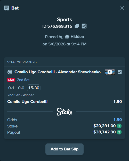 Bet slip: Camilo Ugo Carabelli - Alexander Shevchenko, $20,391.00 stake at 1.90 odds, placed by Hidden