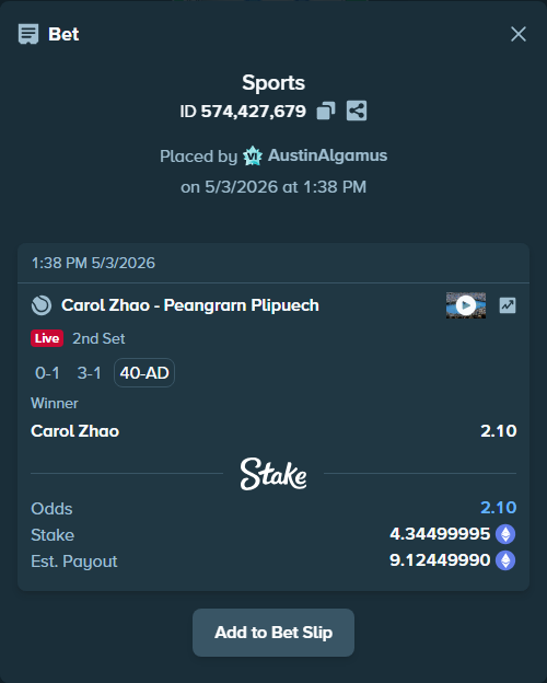 Bet slip: Carol Zhao - Peangrarn Plipuech, $15,207.50 stake at 2.10 odds, placed by AustinAlgamus