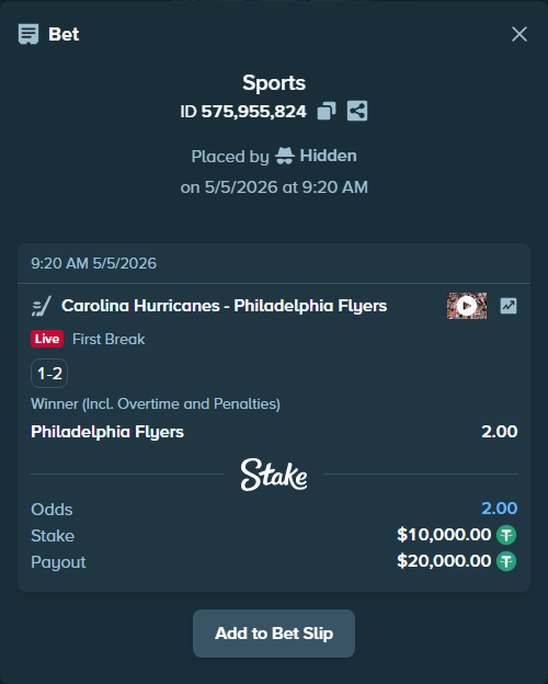 Bet slip: Carolina Hurricanes - Philadelphia Flyers, $10,000.00 stake at 2.00 odds, placed by Hidden