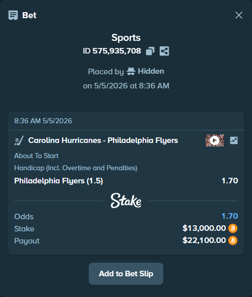 Bet slip: Carolina Hurricanes - Philadelphia Flyers, $11,356.80 stake at 1.70 odds, placed by Hidden