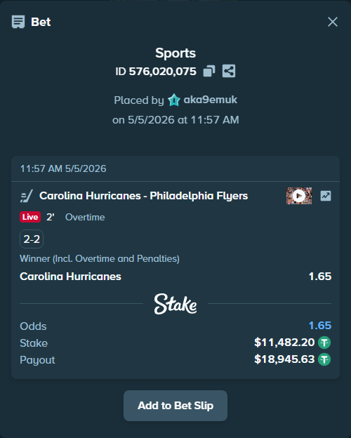 Bet slip: Carolina Hurricanes - Philadelphia Flyers, $11,482.20 stake at 1.65 odds, placed by aka9emuk