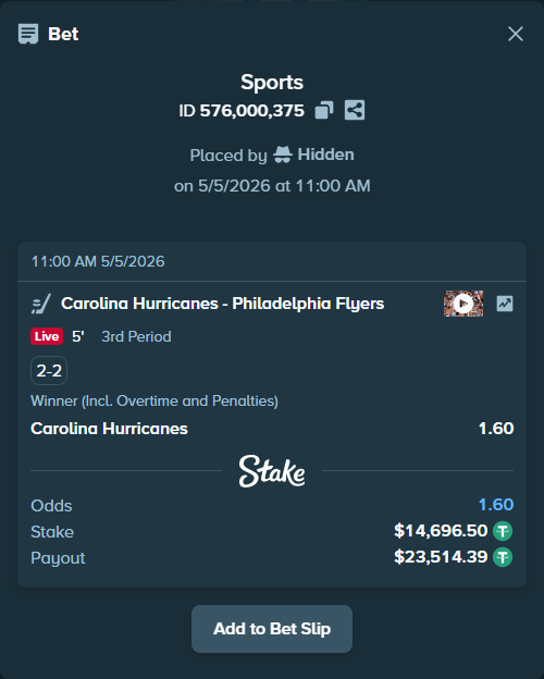 Bet slip: Carolina Hurricanes - Philadelphia Flyers, $14,696.50 stake at 1.60 odds, placed by Hidden