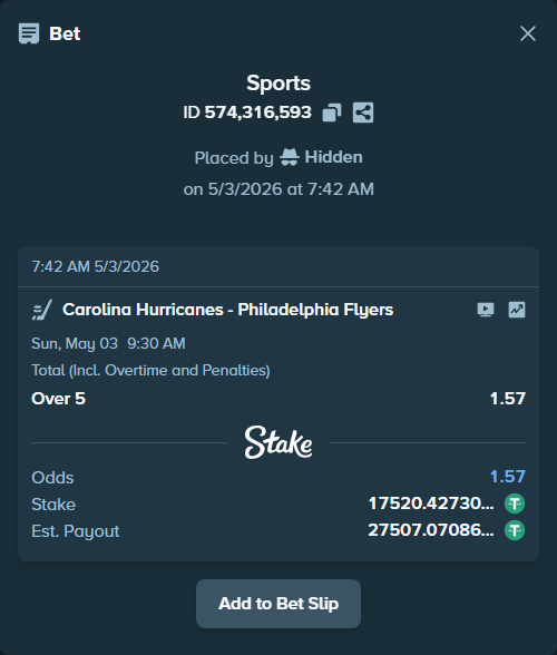 Bet slip: Carolina Hurricanes - Philadelphia Flyers, $17,520.43 stake at 1.57 odds, placed by Hidden
