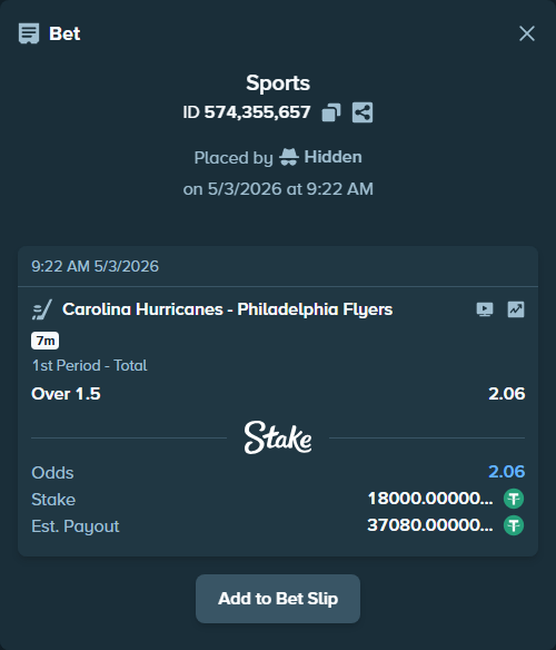 Bet slip: Carolina Hurricanes - Philadelphia Flyers, $18,000.00 stake at 2.06 odds, placed by Hidden