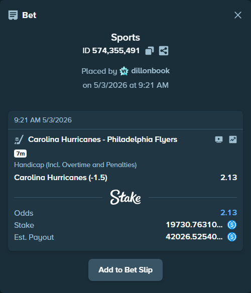 Bet slip: Carolina Hurricanes - Philadelphia Flyers, $19,730.76 stake at 2.13 odds, placed by dillonbook