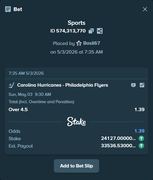 Bet slip: Carolina Hurricanes - Philadelphia Flyers, $24,127.00 stake at 1.39 odds, placed by Basil67