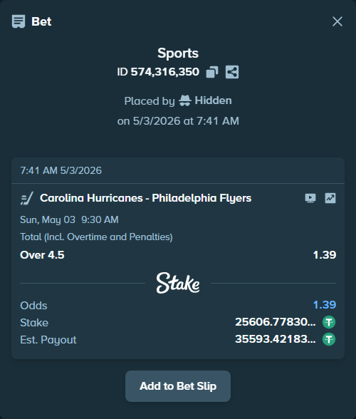 Bet slip: Carolina Hurricanes - Philadelphia Flyers, $25,606.78 stake at 1.39 odds, placed by Hidden
