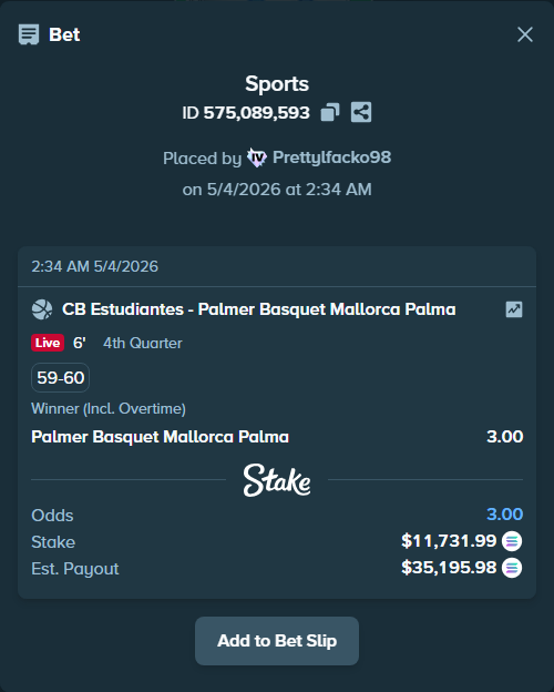 Bet slip: CB Estudiantes - Palmer Basquet Mallorca Palma, $27,875.22 stake at 3.00 odds, placed by Prettylfacko98