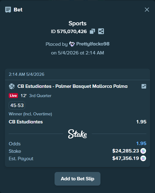 Bet slip: CB Estudiantes - Palmer Basquet Mallorca Palma, $57,750.27 stake at 1.95 odds, placed by Prettylfacko98