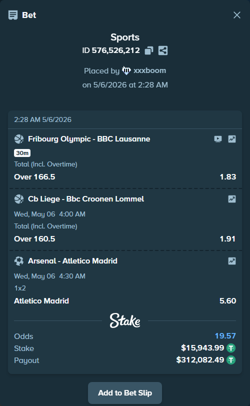 Bet slip: Cb Liege - Bbc Croonen Lommel, $15,943.99 stake at 1.91 odds, placed by xxxboom