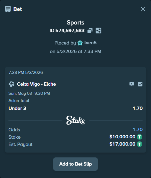 Bet slip: Celta Vigo - Elche, $10,000.00 stake at 1.70 odds, placed by lven5