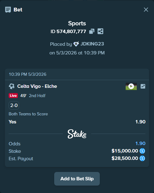 Bet slip: Celta Vigo - Elche, $15,000.00 stake at 1.90 odds, placed by JDKING23