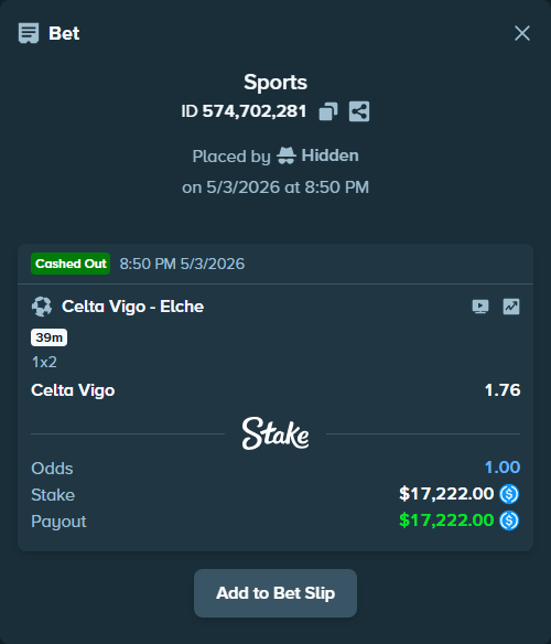 Bet slip: Celta Vigo - Elche, $17,222.00 stake at 1.76 odds, placed by Hidden